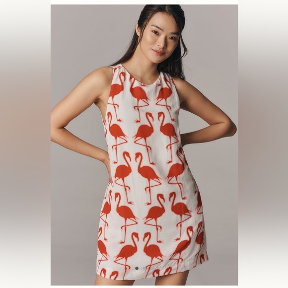 NWT Maeve Sleeveless Linen Blend Printed Shift Mini Dress Flamingo pockets Med - Picture 1 of 8